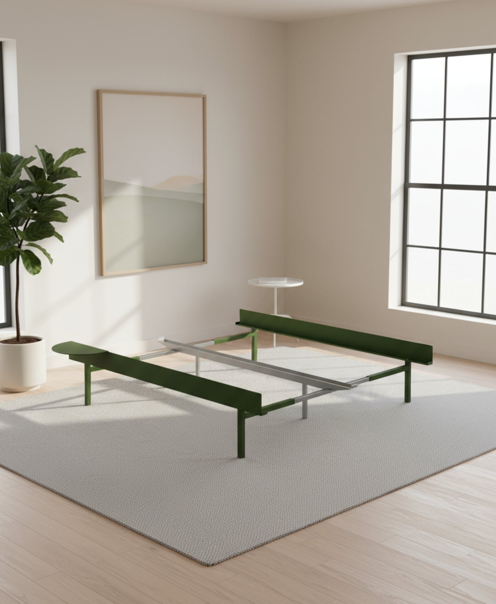 Moebe Bed, Tall Legs, 90-180 Cm, 1x Side Table, Pine Green