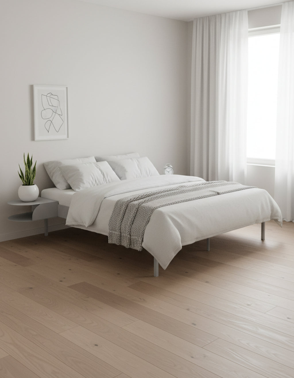 Moebe Bed, Tall Legs, 90-180 Cm, 2x Side Table, Stainless Steel