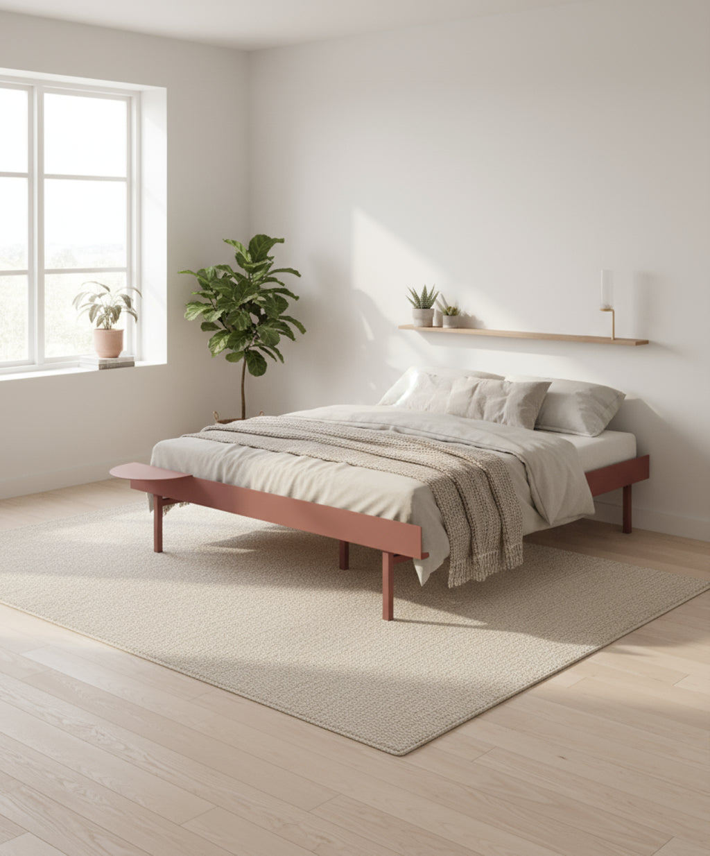 Moebe Bed, Tall Legs, 90 Cm, 1x Side Table, Dusty Rose