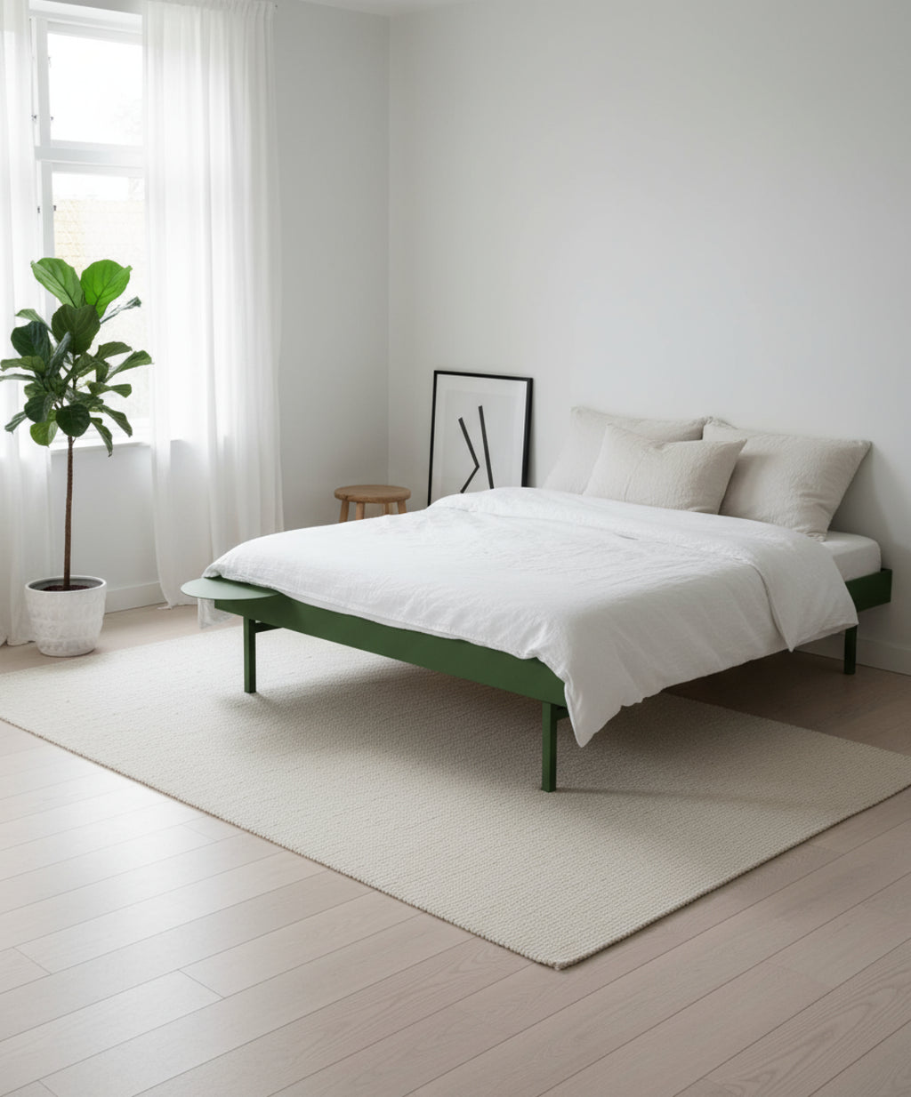 Moebe Bed, Tall Legs, 90 Cm, 1x Side Table, Pine Green