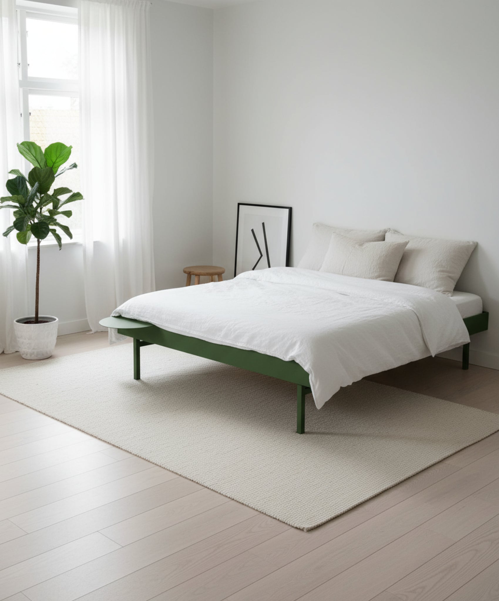 Moebe Bed, Tall Legs, 90 Cm, 1x Side Table, Pine Green