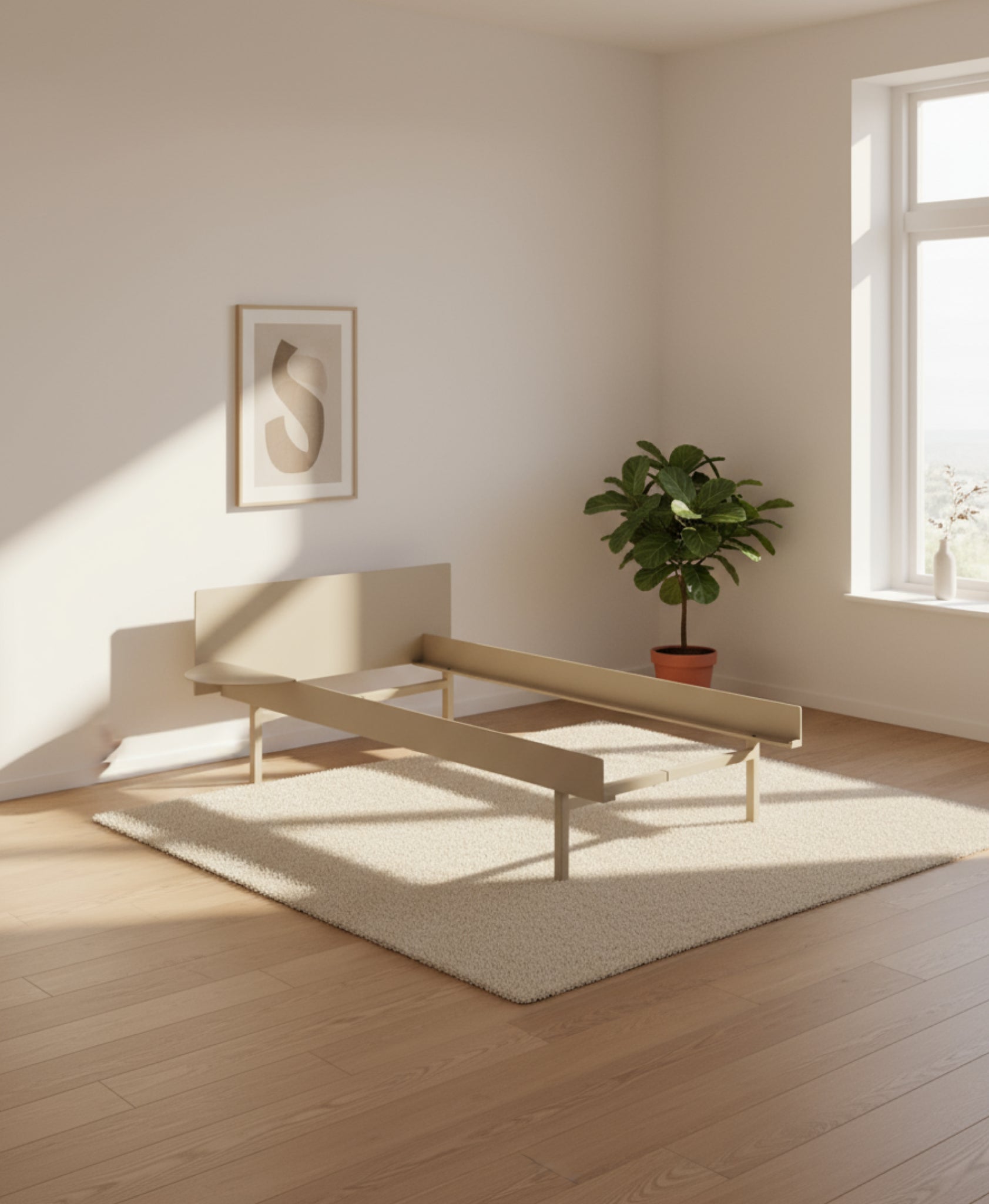 Moebe Bed, Tall Legs, 90 Cm, 1x Side Table, Sand