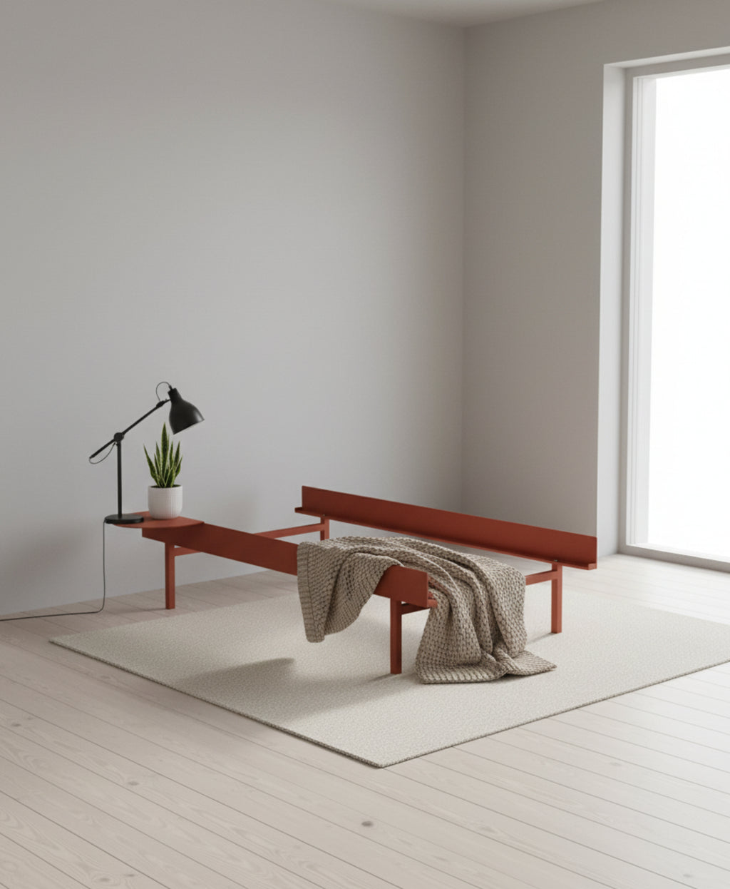 Moebe Bed, Tall Legs, 90 Cm, 1x Side Table, Terracotta