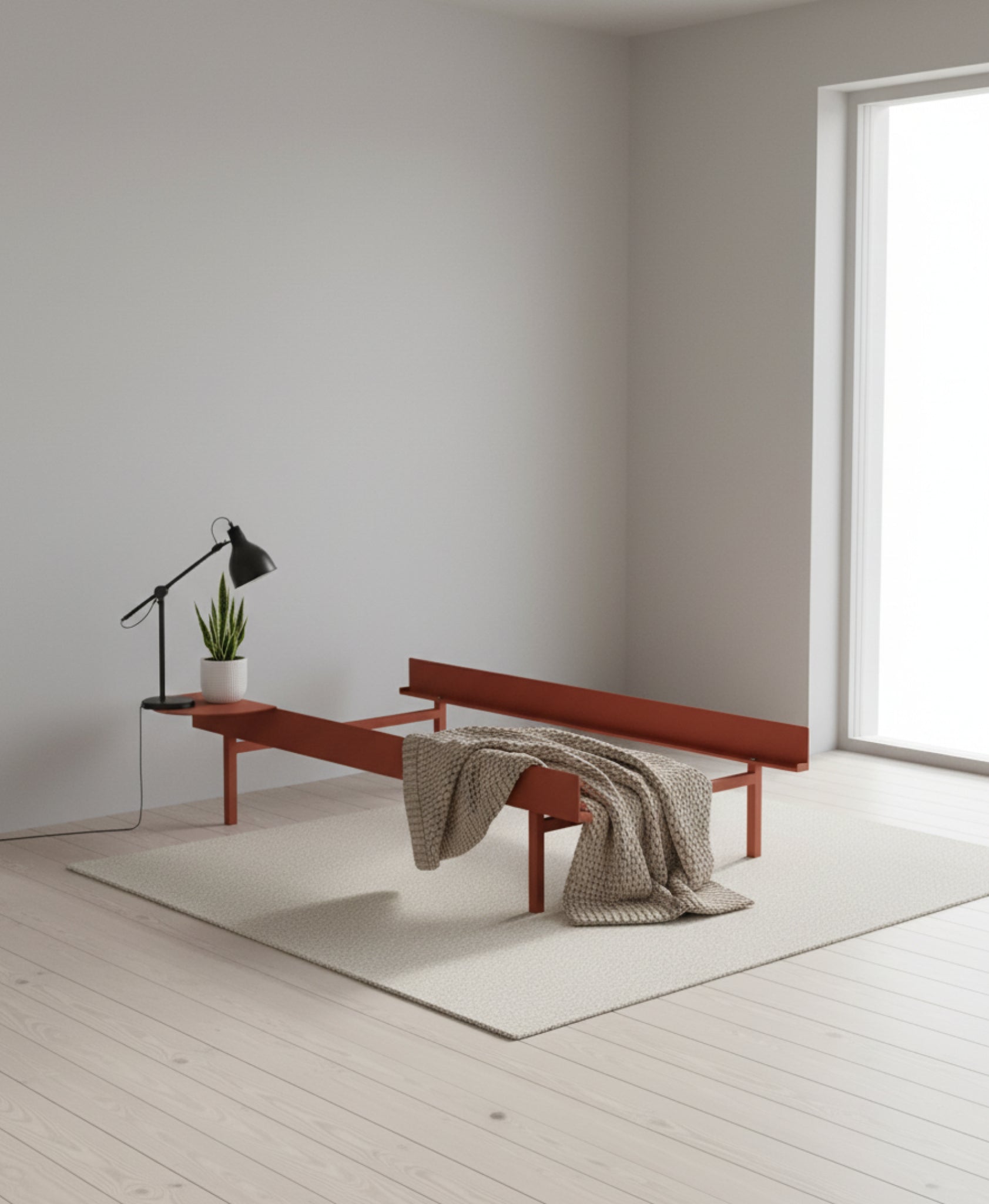 Moebe Bed, Tall Legs, 90 Cm, 1x Side Table, Terracotta