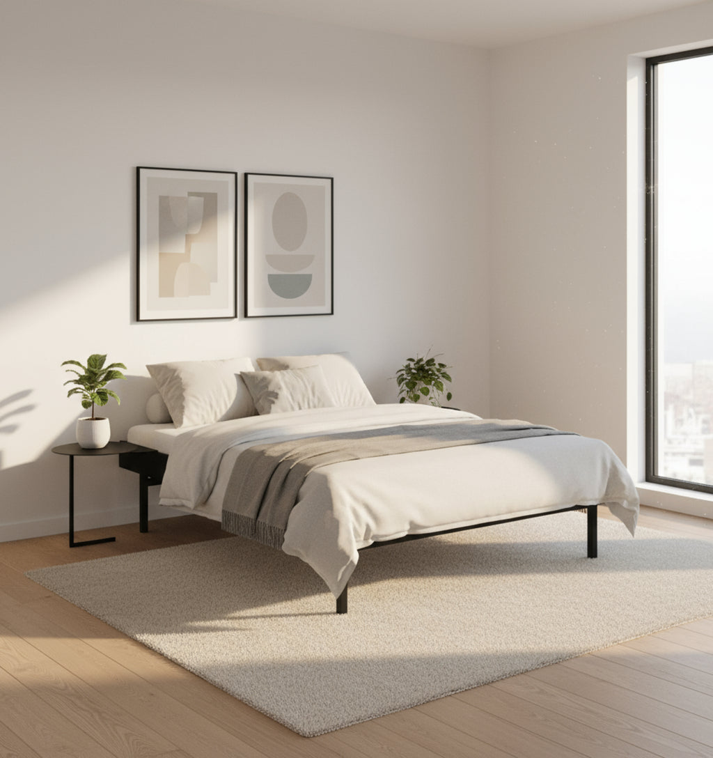 Moebe Bed, Tall Legs, 90 Cm, 2x Side Table, Black