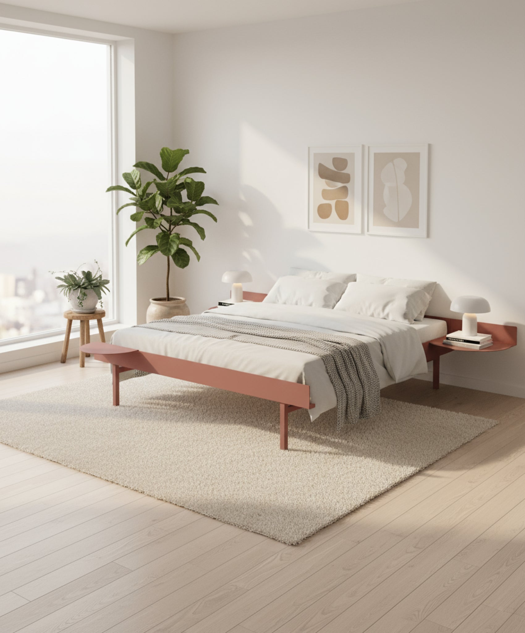 Moebe Bed, Tall Legs, 90 Cm, 2x Side Table, Dusty Rose