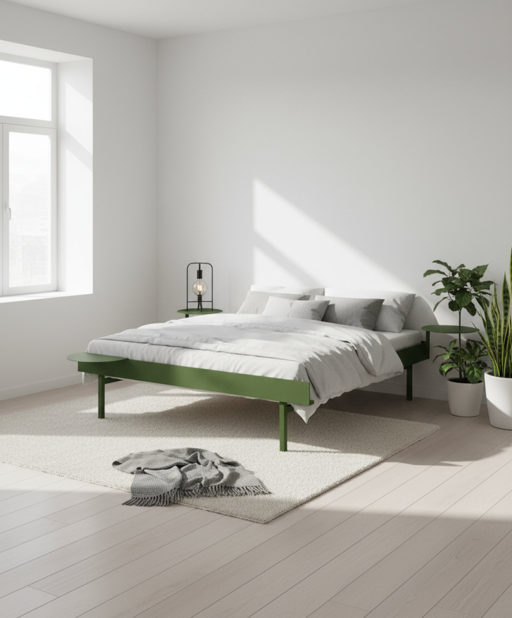 Moebe Bed, Tall Legs, 90 Cm, 2x Side Table, Pine Green