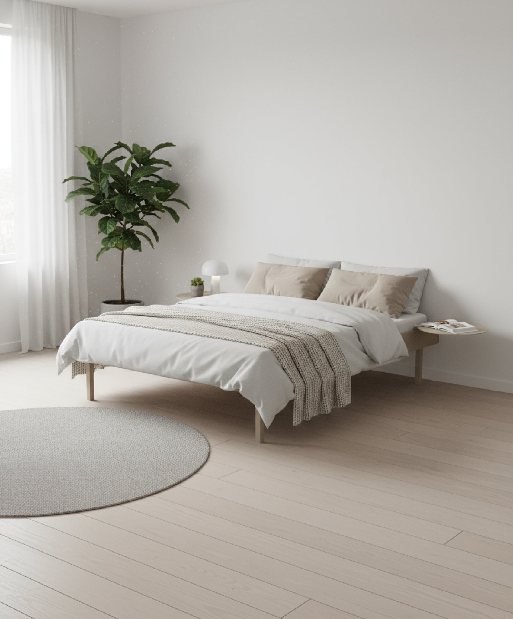 Moebe Bed, Tall Legs, 90 Cm, 2x Side Table, Sand