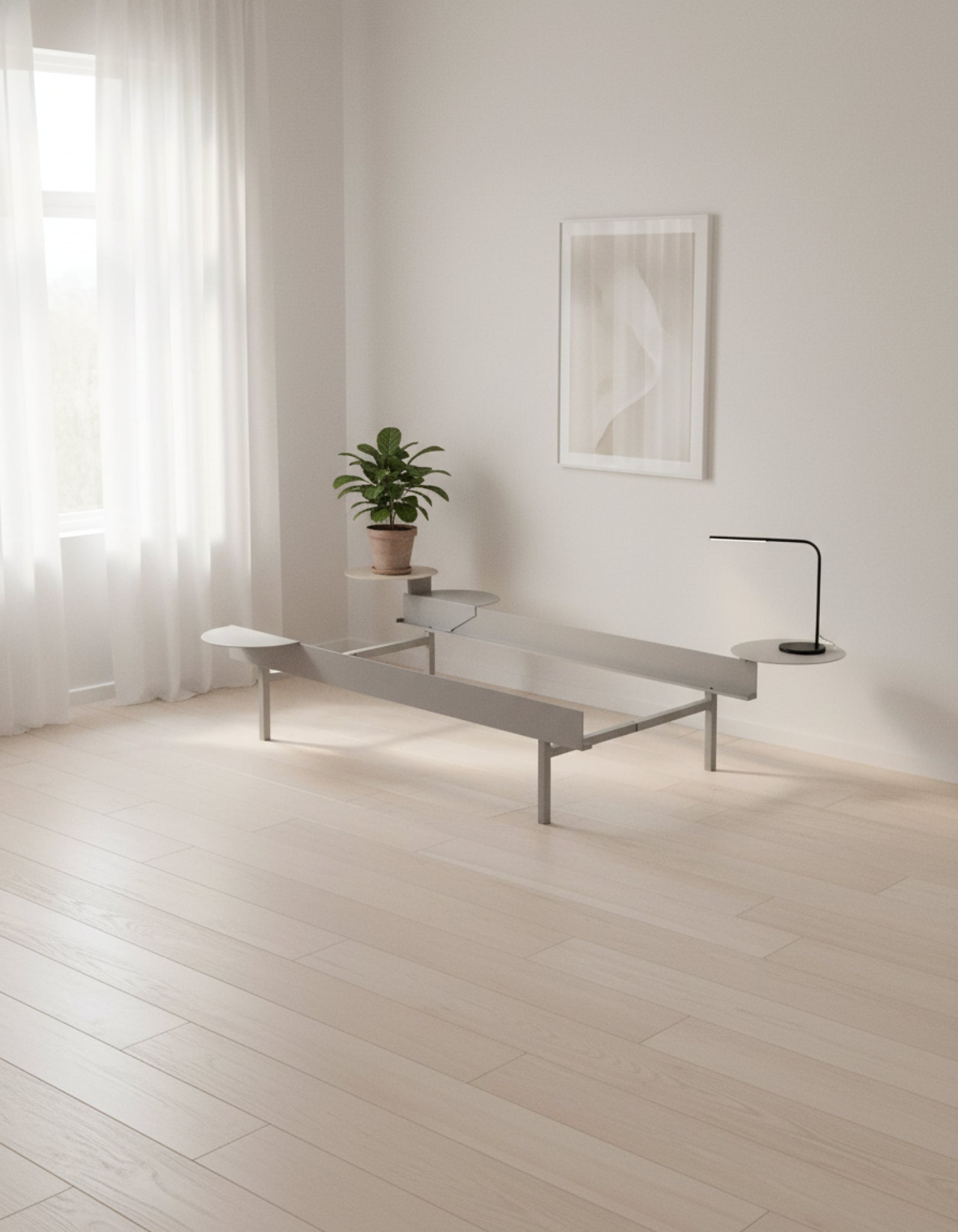 Moebe Bed, Tall Legs, 90 Cm, 2x Side Table, Stainless Steel