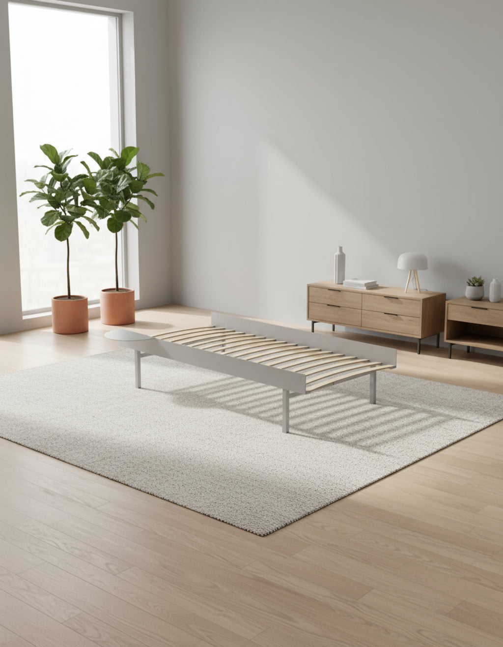 Moebe Bed, Tall Legs, 90 Cm, Slats, 1x Side Table, Stainless Steel