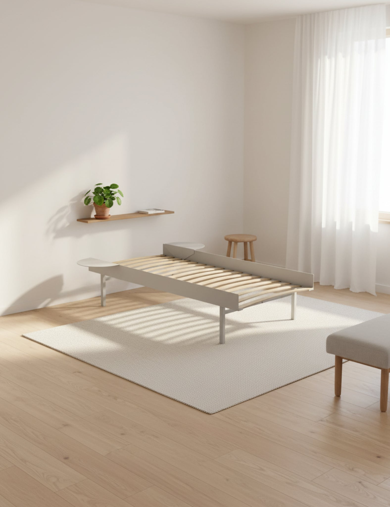 Moebe Bed, Tall Legs, 90 Cm, Slats, 2x Side Table, Stainless Steel