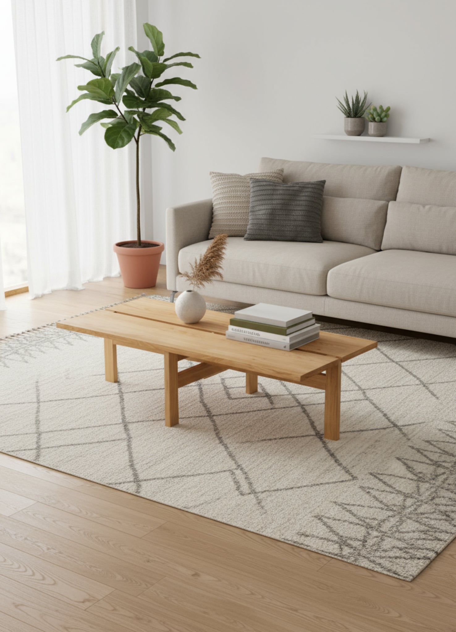 Moebe 115cm Oak Coffee Table: Sleek Design with Cross-Leg Frame