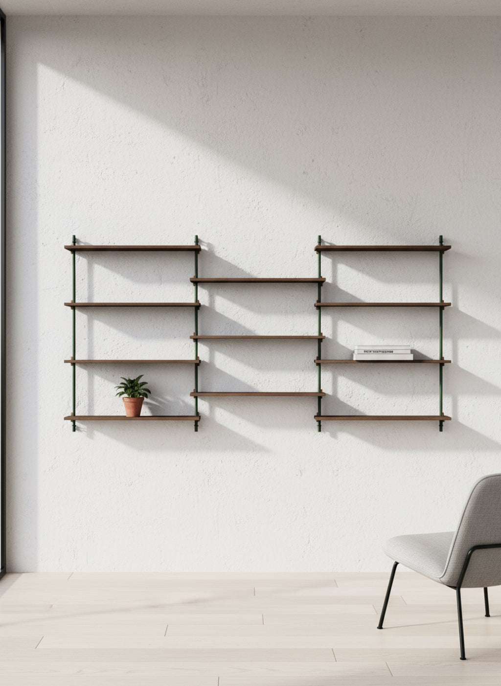 Moebe Wall Shelving Set Ws.115.3, Smoked Oak Shelves, Pine Green Legs (fsc Mix Credit)