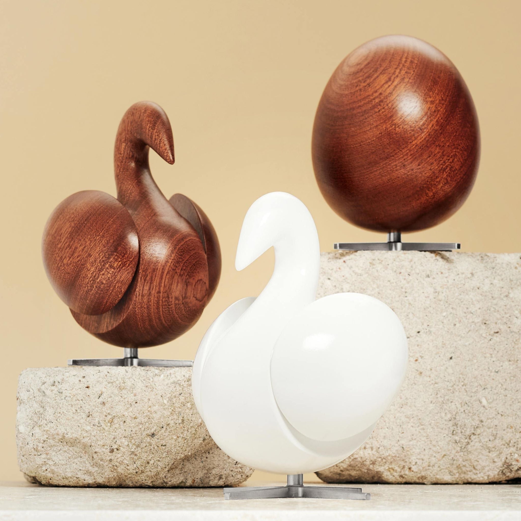 Brainchild of the swan wooden figure mahogany white, steel base