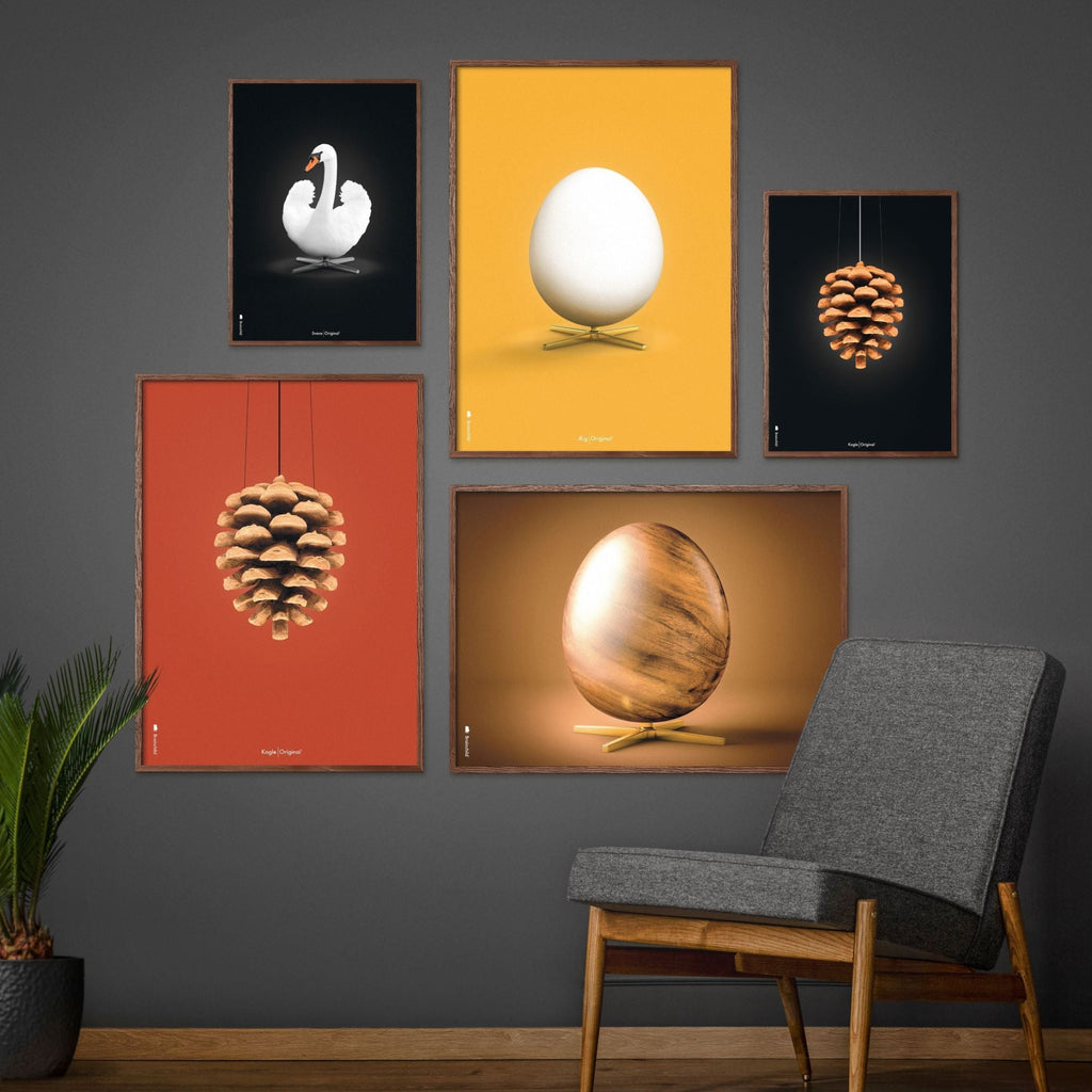Brainchild pine cone classic poster, frame made of light wood 50x70 cm, red background