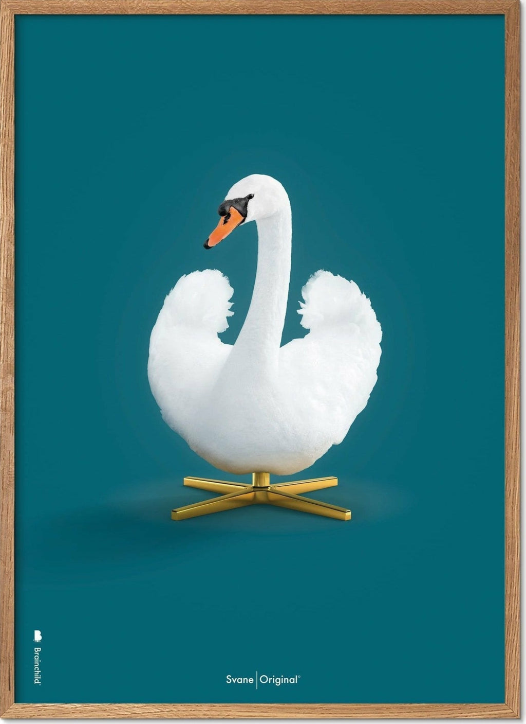 Brainchild Swan Classic Poster, Light Wood Frame A5, Petroleum Blue Background