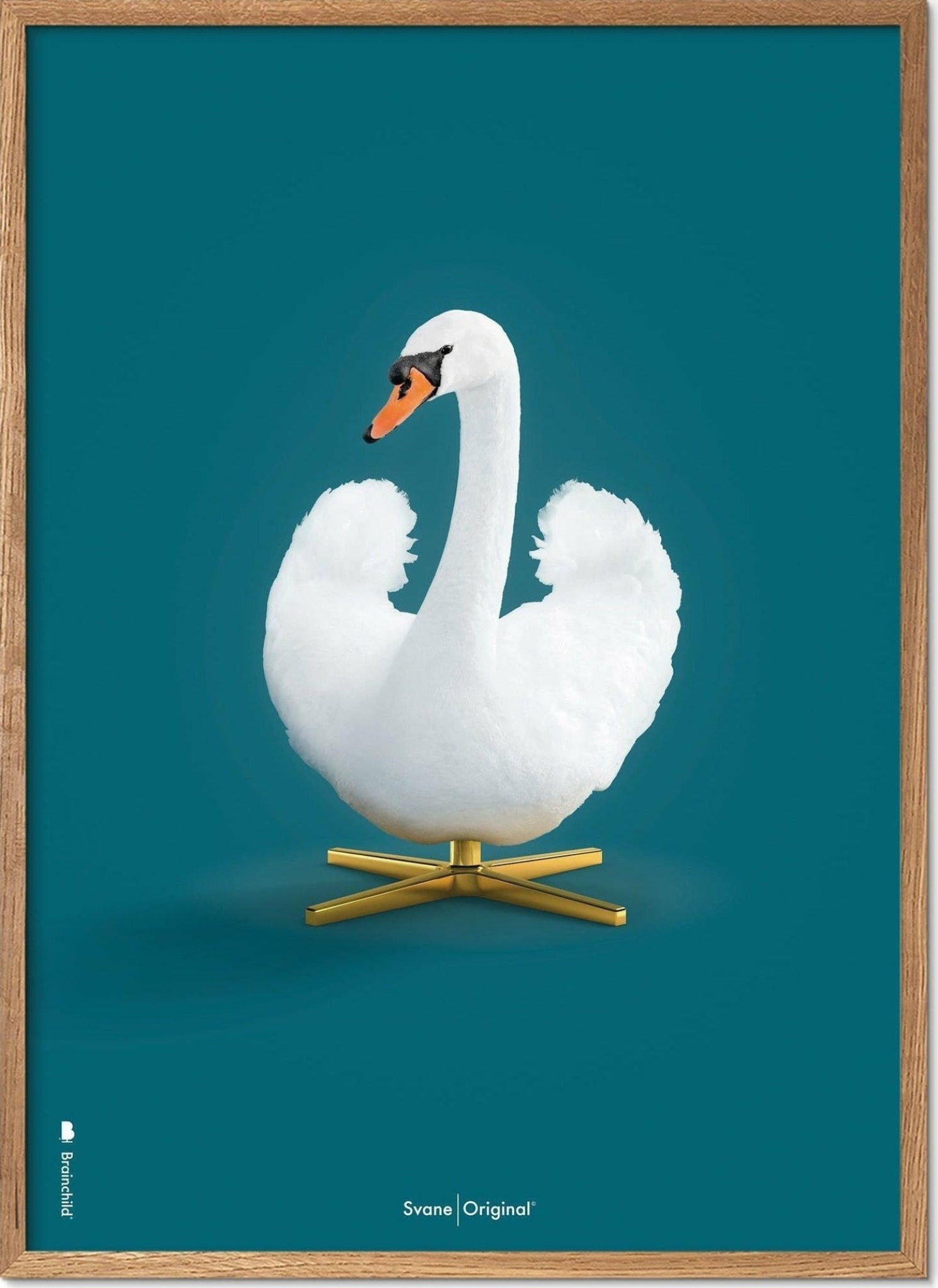 Brainchild Swan Classic Poster, Light Wood Frame A5, Petroleum Blue Background