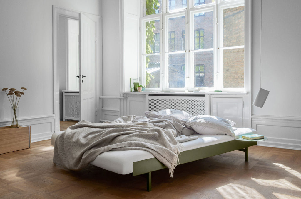 Minimalist Pine Green Moebe Bed with Bedside Table, Adjustable 90-180 cm