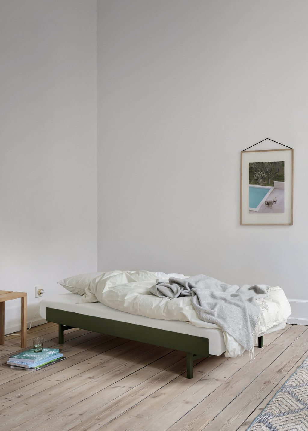 Minimalist Pine Green Moebe Bed with Bedside Table, Adjustable 90-180 cm