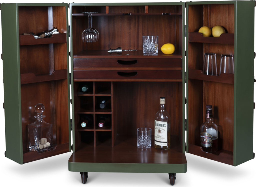 Authentic Models Polo Club Travel Suitcase Cabinet Bar, Field Green
