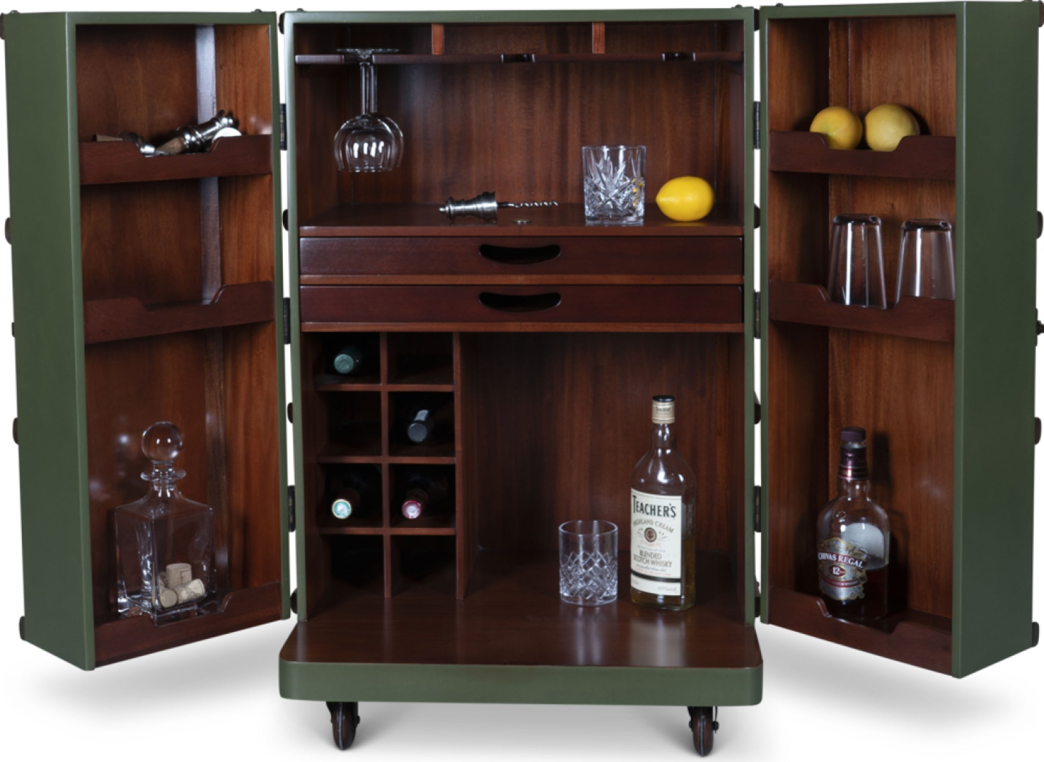 Authentic Models Polo Club Travel Suitcase Cabinet Bar, Field Green
