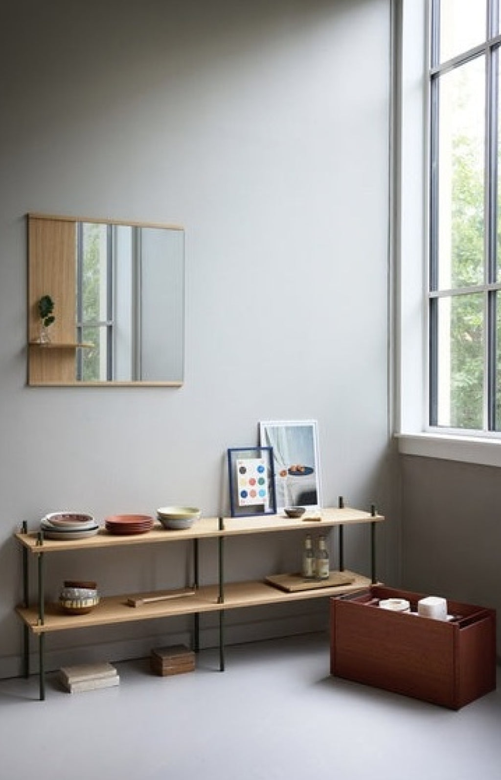 Moebe Oak Wall Mirror with Shelf - Versatile Bathroom Decor 70x72 cm