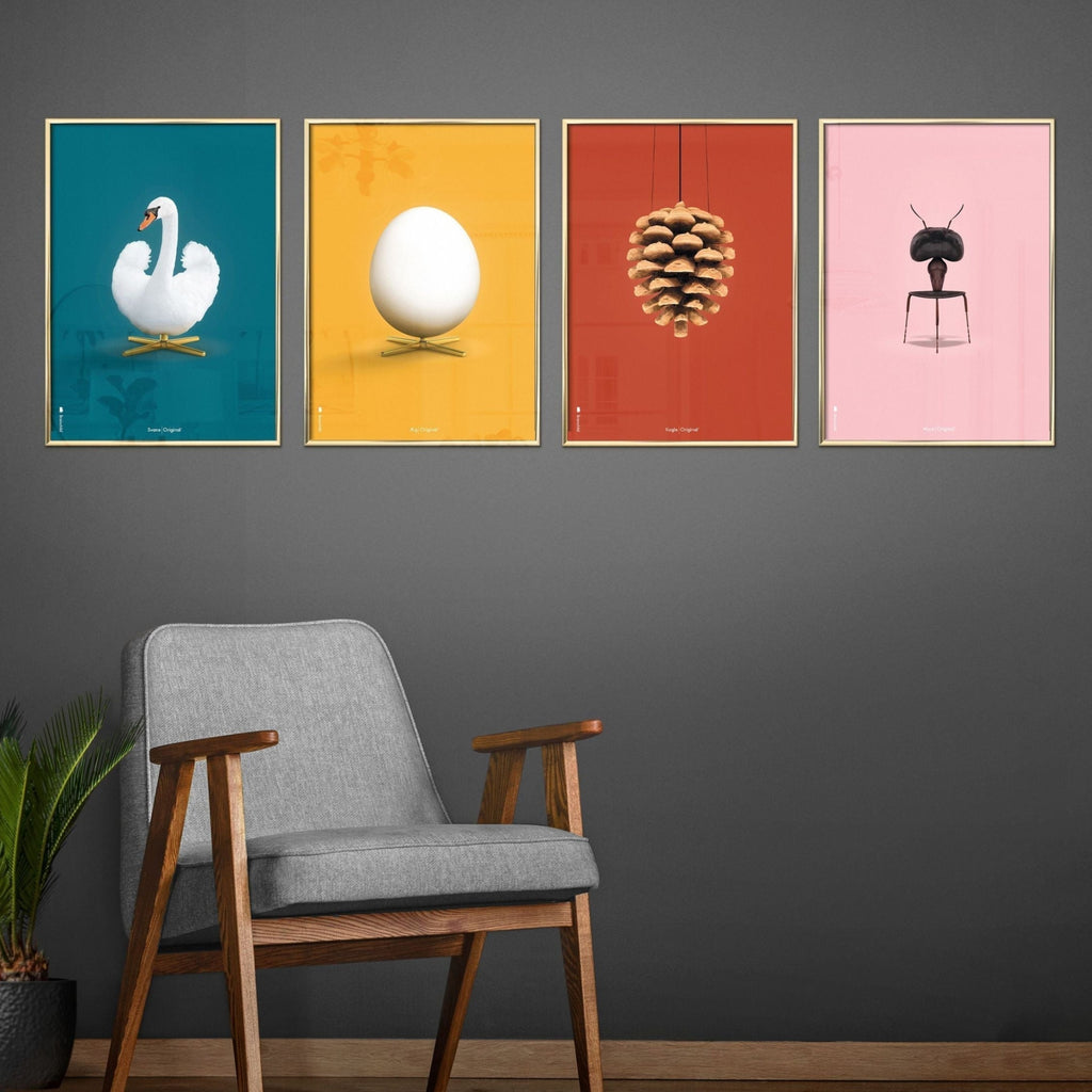 Brainchild Swan Classic Poster, Light Wood Frame A5, Petroleum Blue Background
