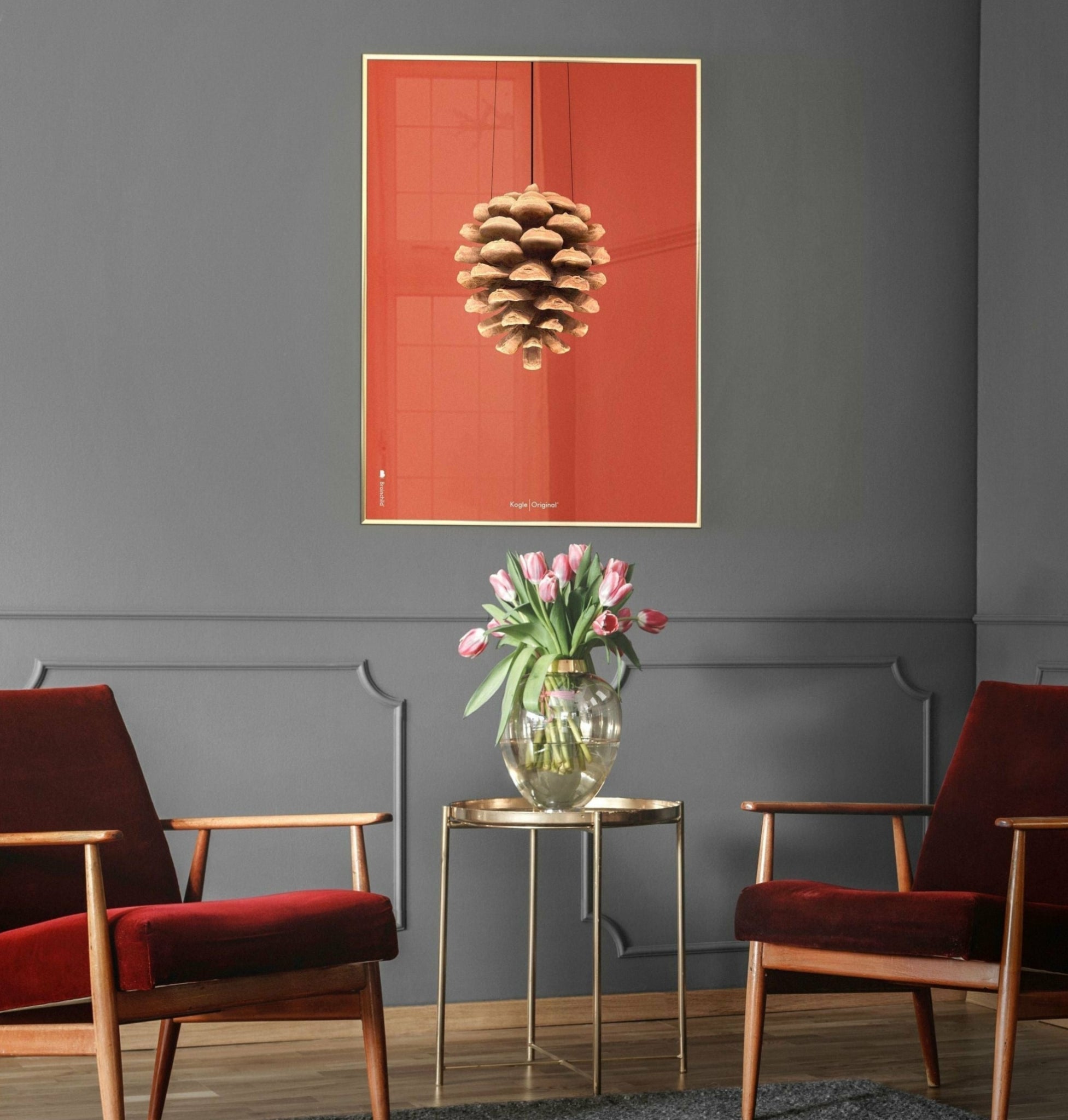 Brainchild pine cone classic poster, frame made of light wood 50x70 cm, red background