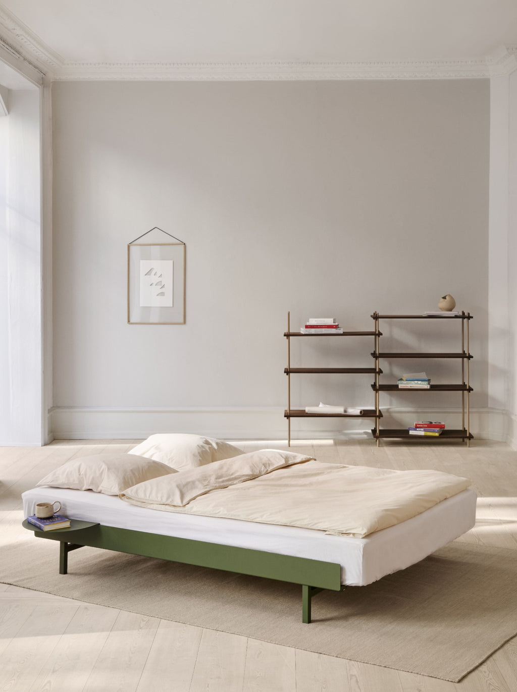 Minimalist Pine Green Moebe Bed with Bedside Table, Adjustable 90-180 cm