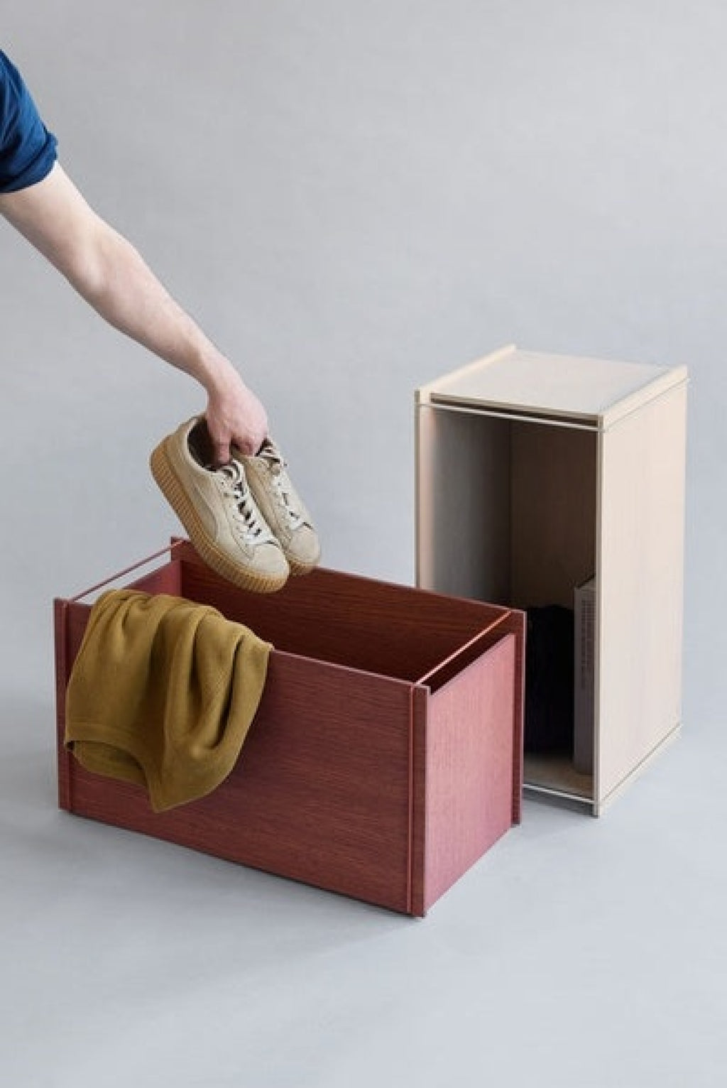 Moebe Storage Box in Warm Grey - Stylish Oak Veneer, Minimalist Design