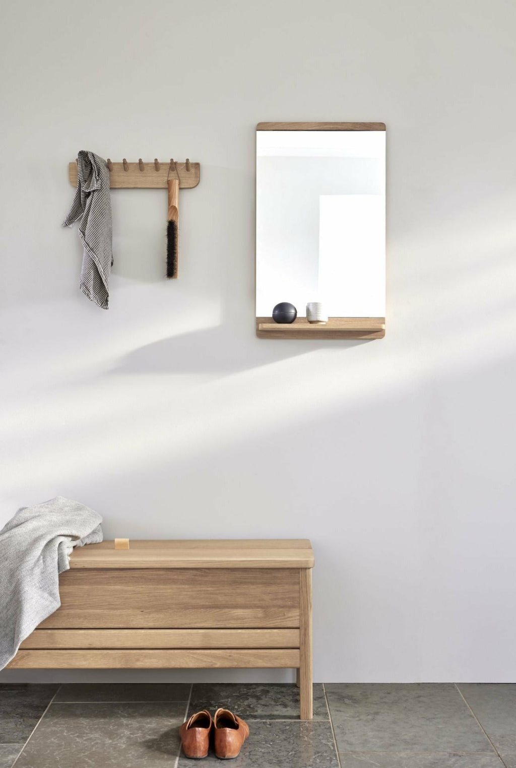 Form & Refine Rim Wall Mirror with Shelf — White Oak Infinity Glass