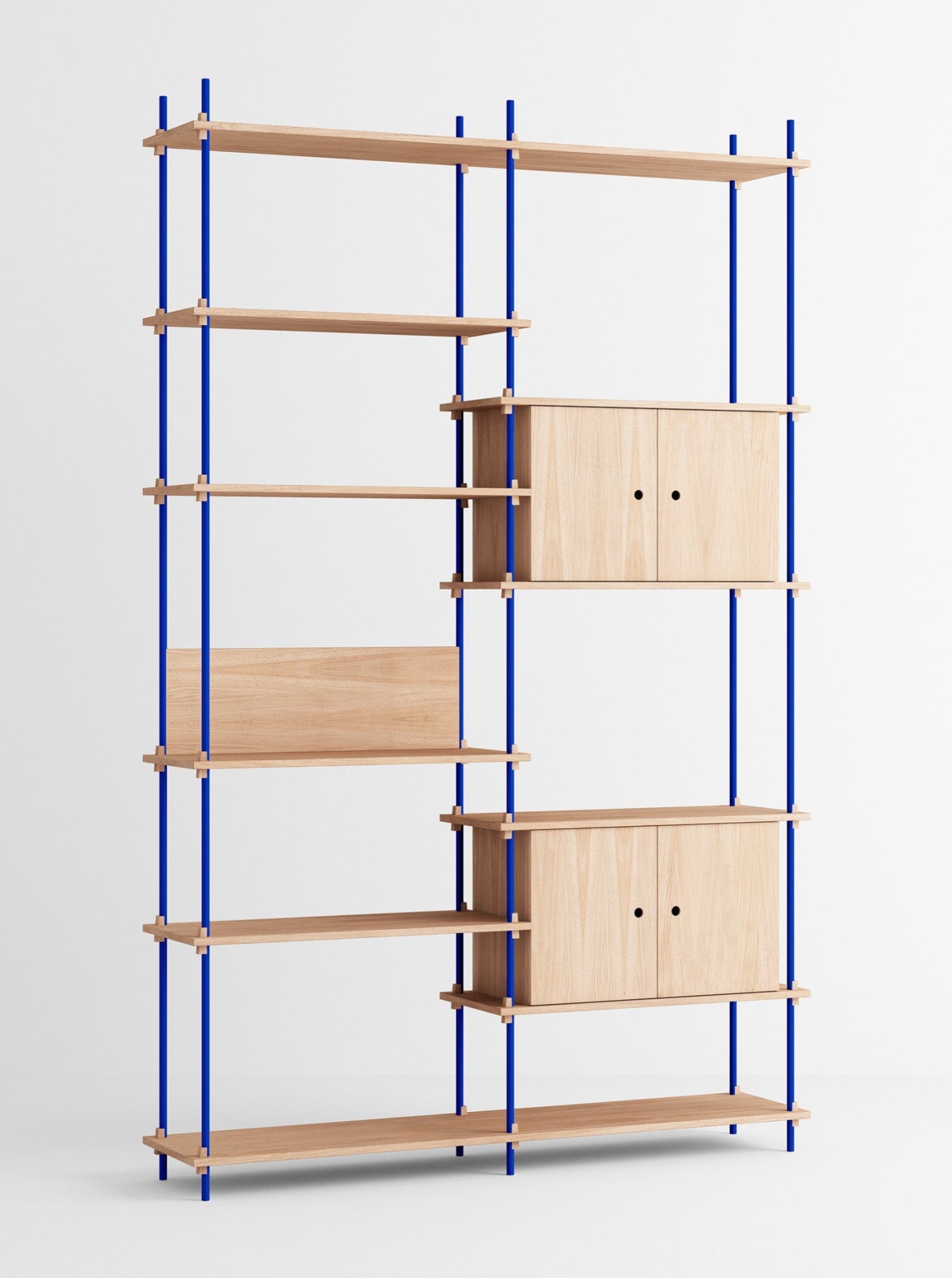 Customizable Moebe Shelving System in Oak & Deep Blue - Versatile Design