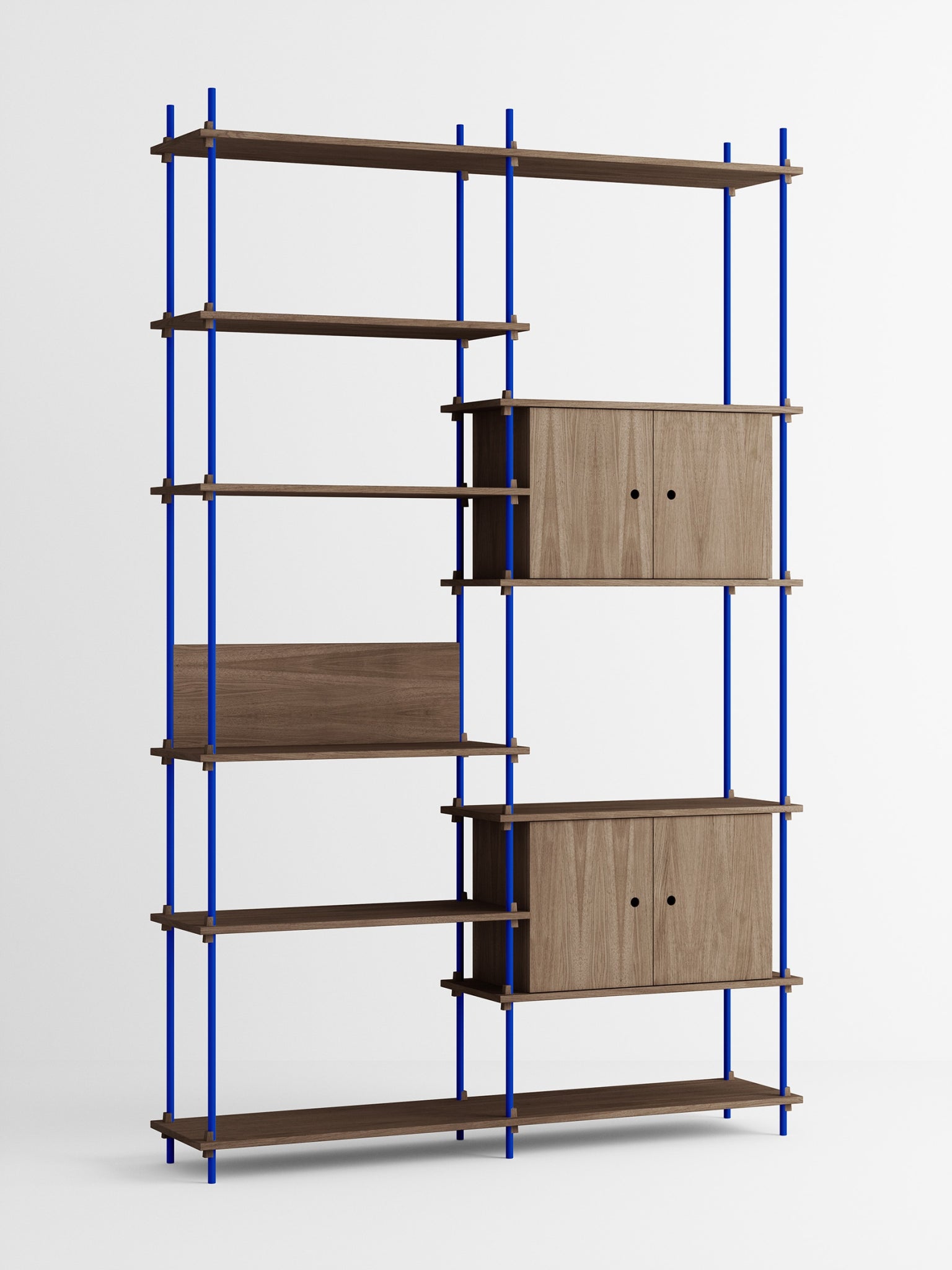 Customizable Moebe Shelving System in Smoked Oak & Deep Blue - 255cm High