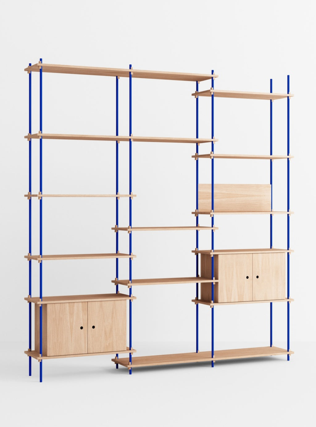 Customizable Moebe Shelving System in Oak & Deep Blue - Versatile Design