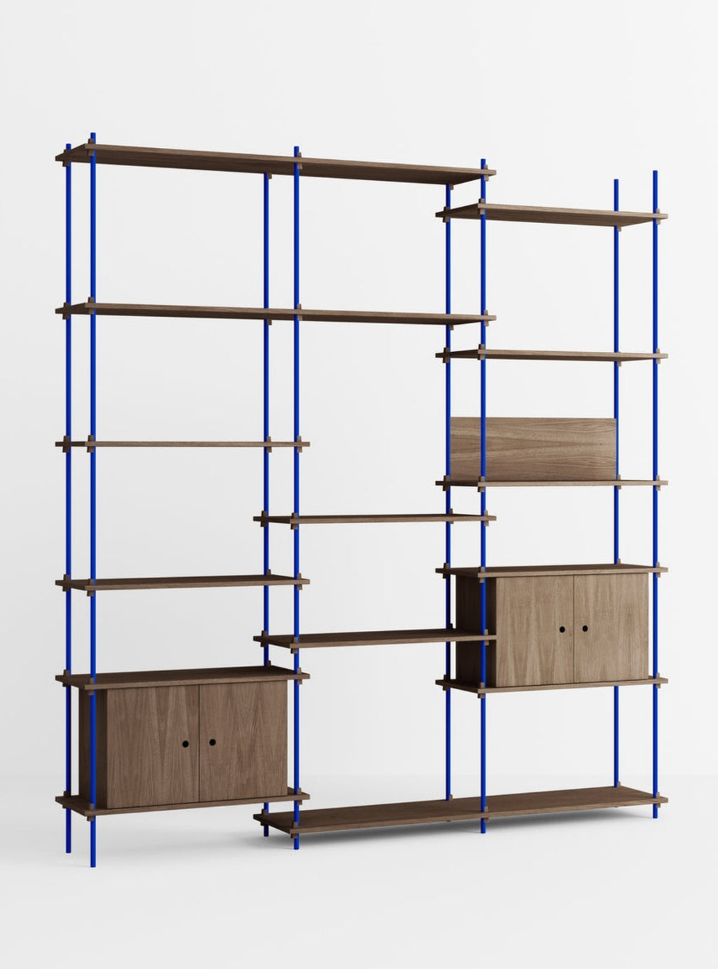 Customizable Moebe Shelving System in Smoked Oak & Deep Blue - 255cm High