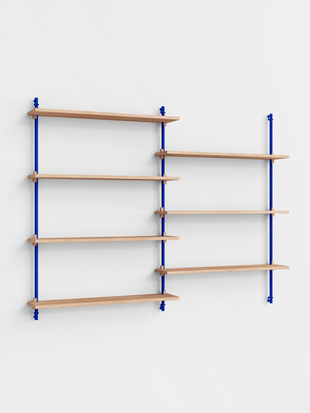 Moebe Wall Shelving WS.115.2: Customizable Oak & Deep Blue Shelf System