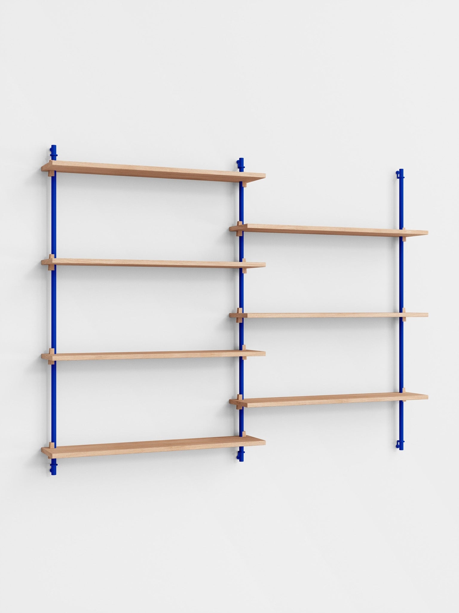 Moebe Wall Shelving WS.115.2: Customizable Oak & Deep Blue Shelf System