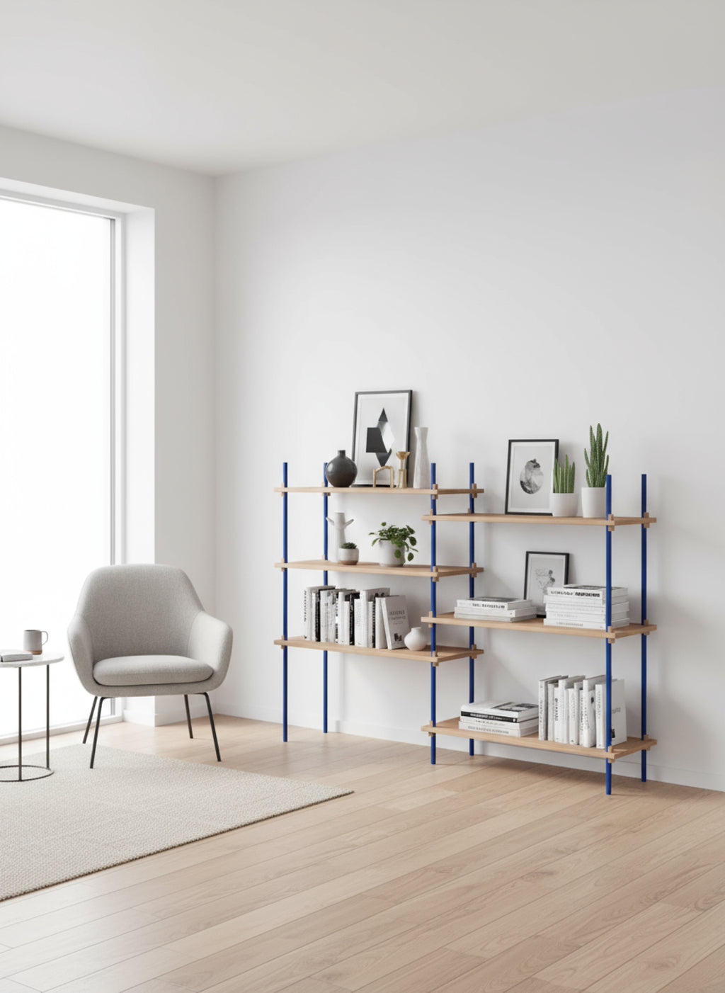 Customizable Moebe Shelving System in Oak & Deep Blue - Versatile Design