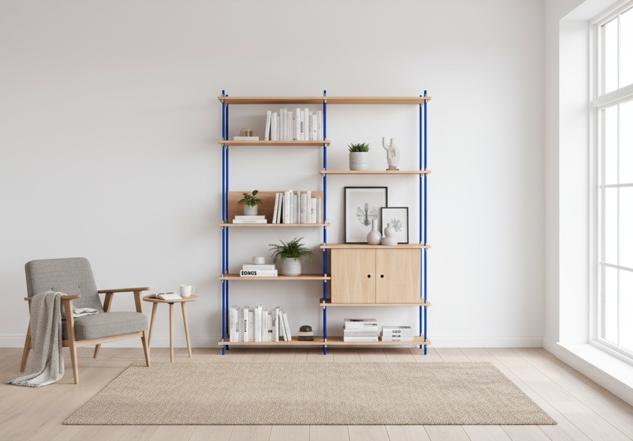 Customizable Moebe Shelving System in Oak & Deep Blue - Versatile Design