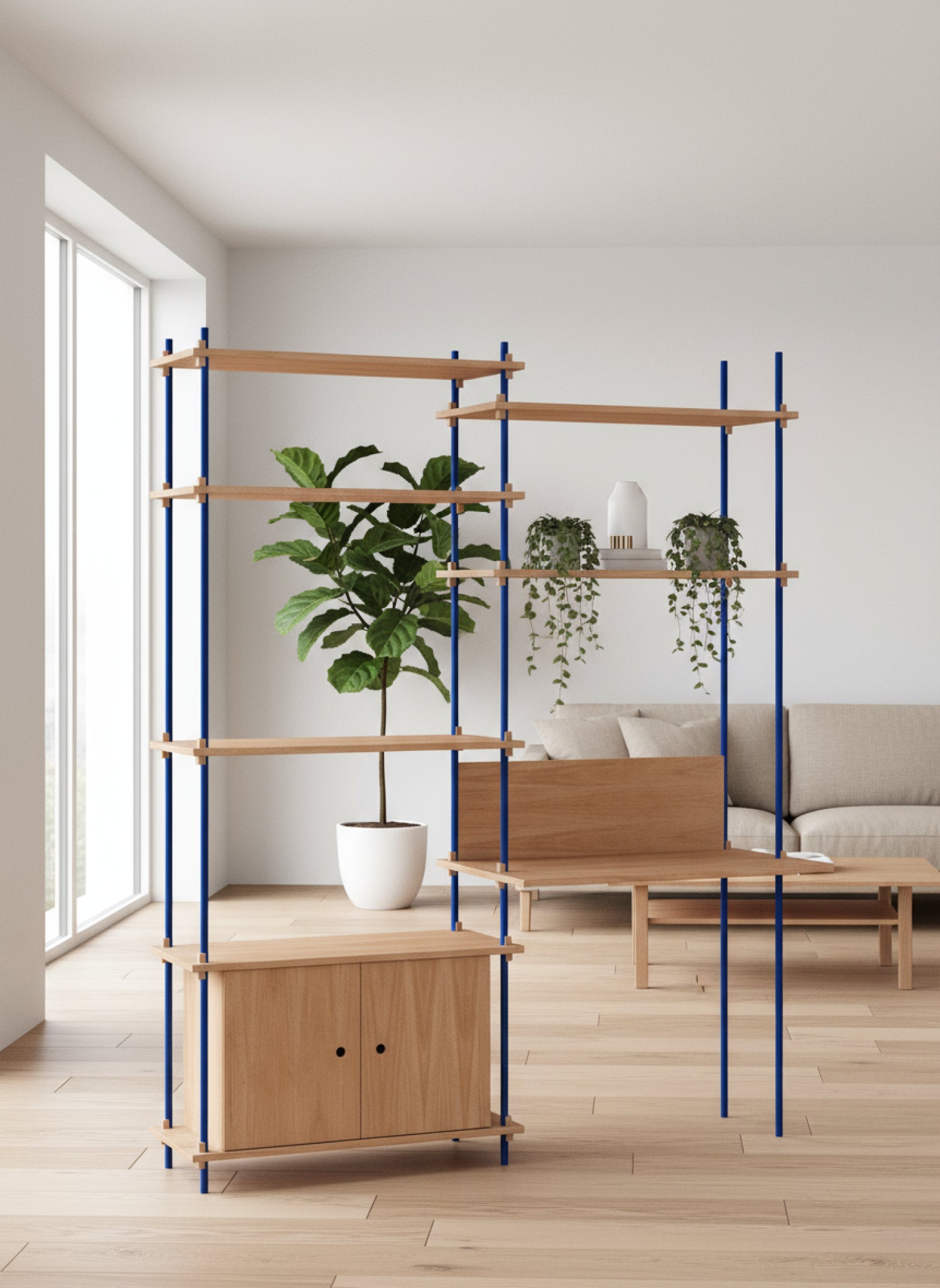 Customizable Moebe Shelving System in Oak & Deep Blue - 200cm Height