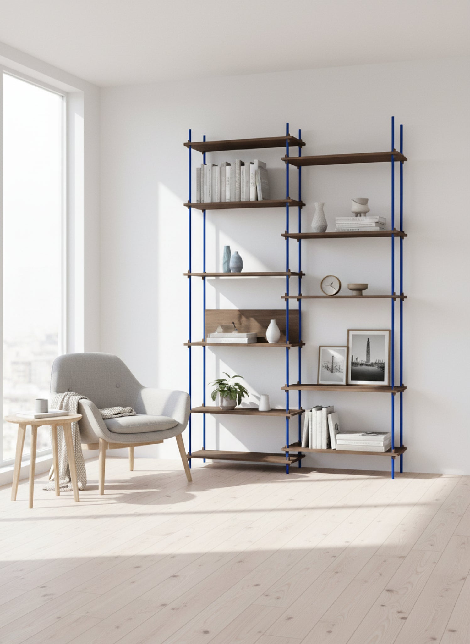 Customizable Moebe Shelving System in Smoked Oak & Deep Blue - 255cm High