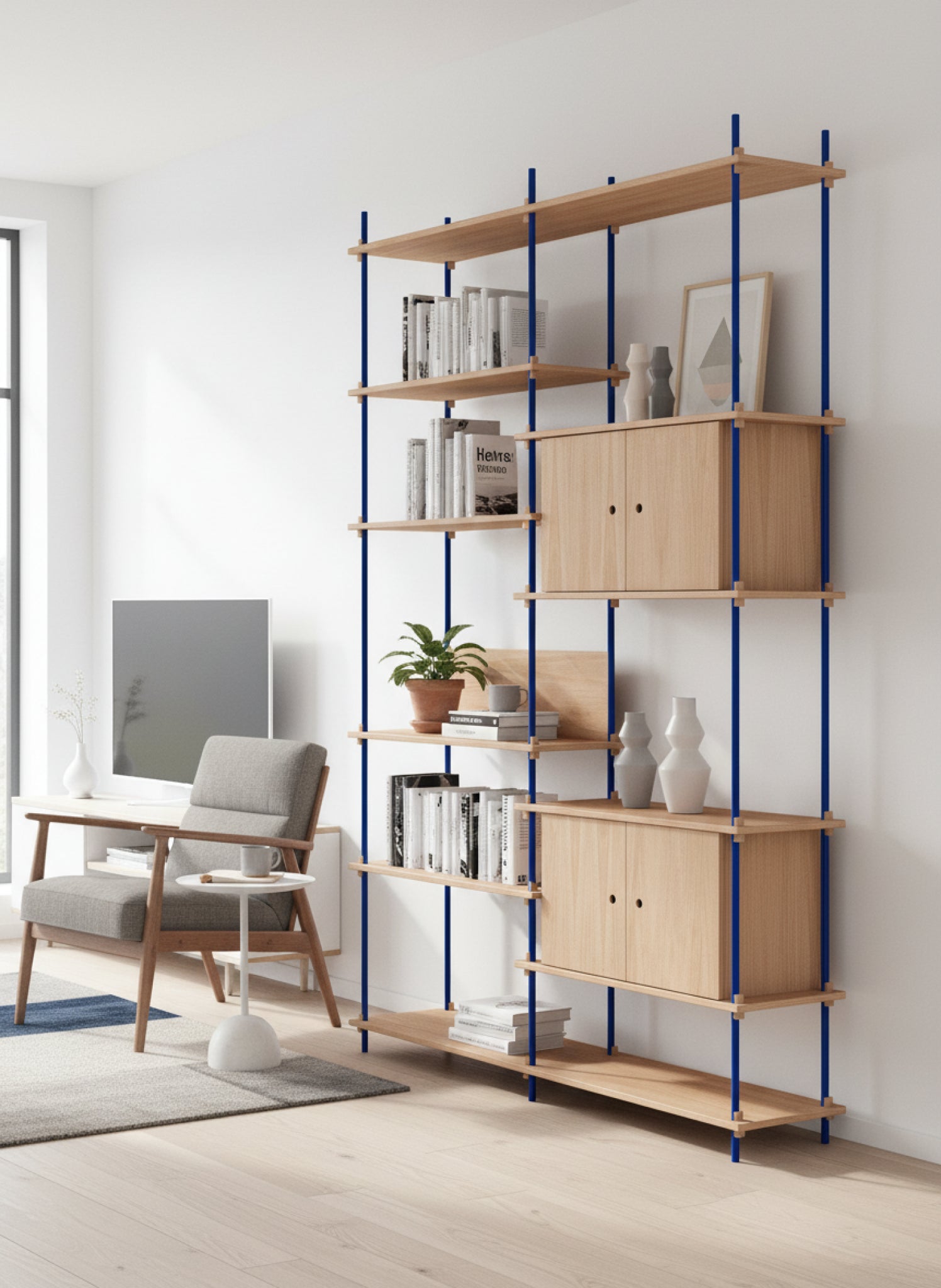 Customizable Moebe Shelving System in Oak & Deep Blue - Versatile Design