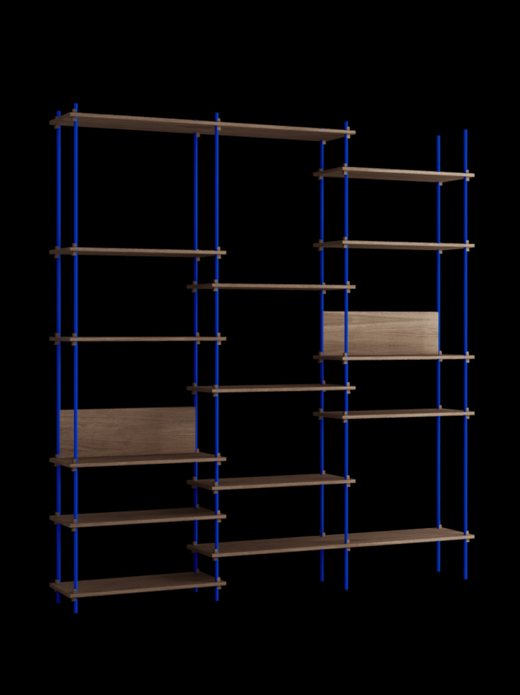 Customizable Moebe Shelving System in Smoked Oak & Deep Blue - 255cm High