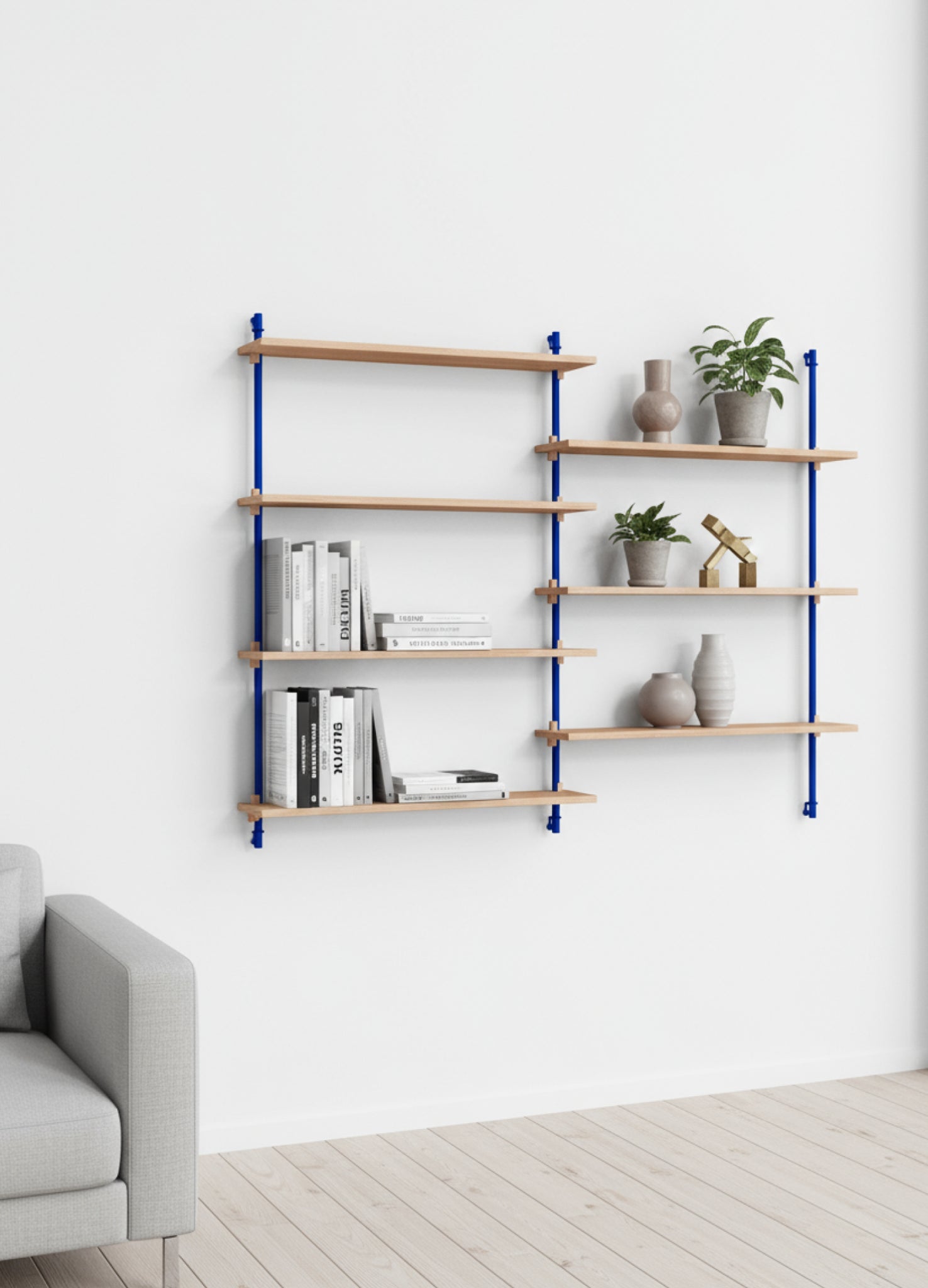 Moebe Wall Shelving WS.115.2: Customizable Oak & Deep Blue Shelf System