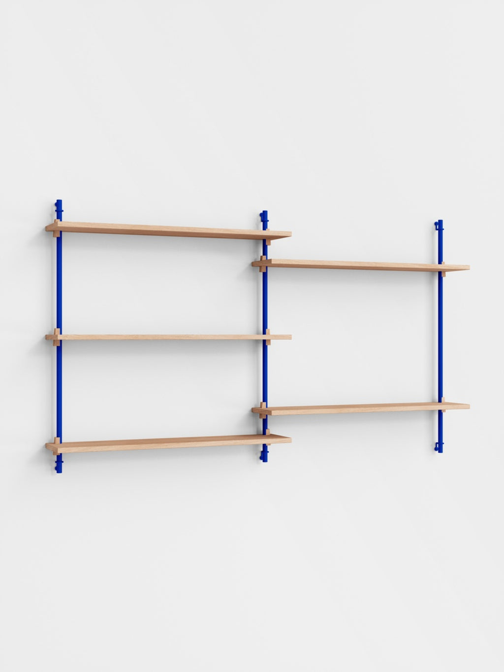 Moebe Wall Shelving WS.85.2: Customizable Oak & Deep Blue Shelf System