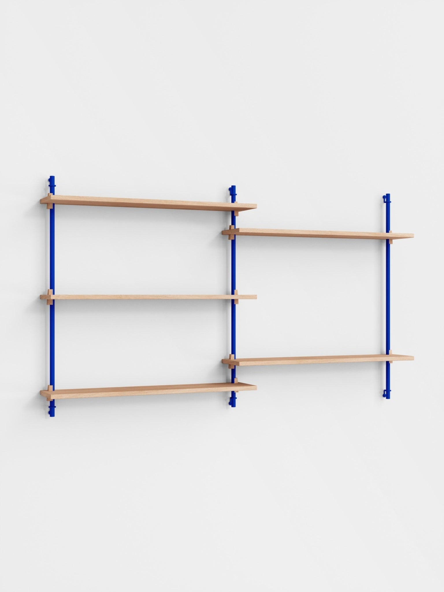 Moebe Wall Shelving WS.85.2: Customizable Oak & Deep Blue Shelf System
