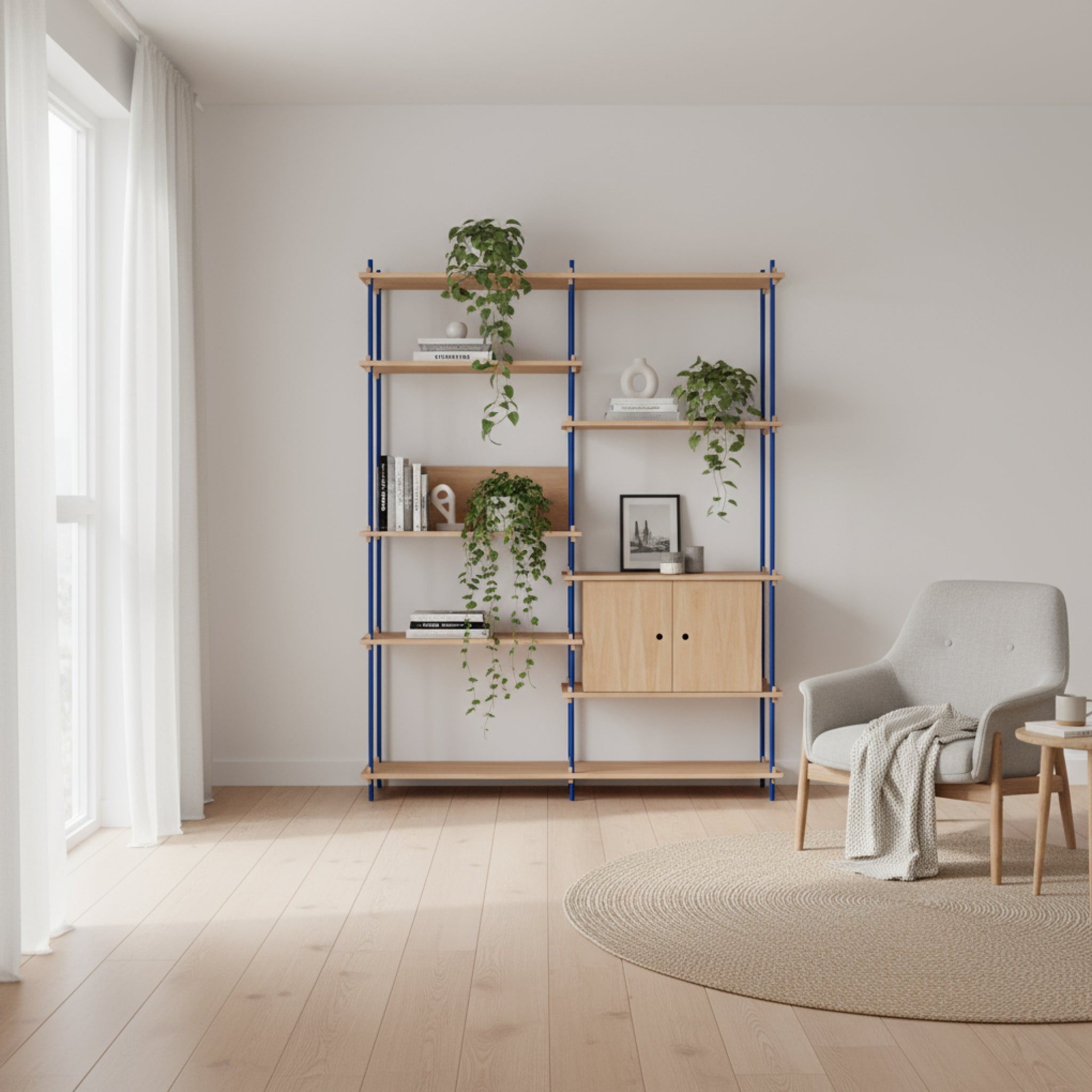 Customizable Moebe Shelving System in Oak & Deep Blue - Versatile Design