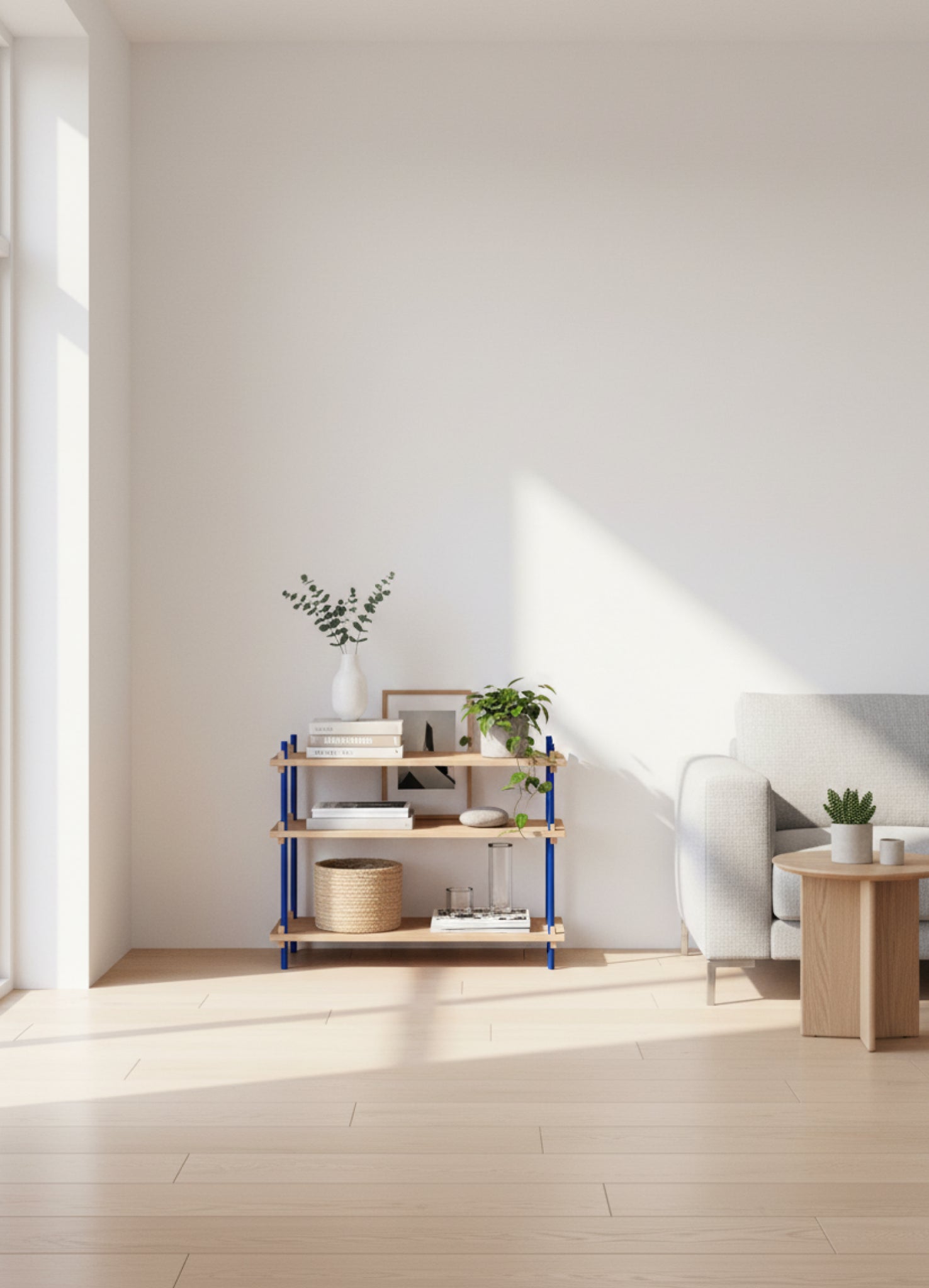 Customizable Moebe Shelving System in Oak & Deep Blue - Versatile Design