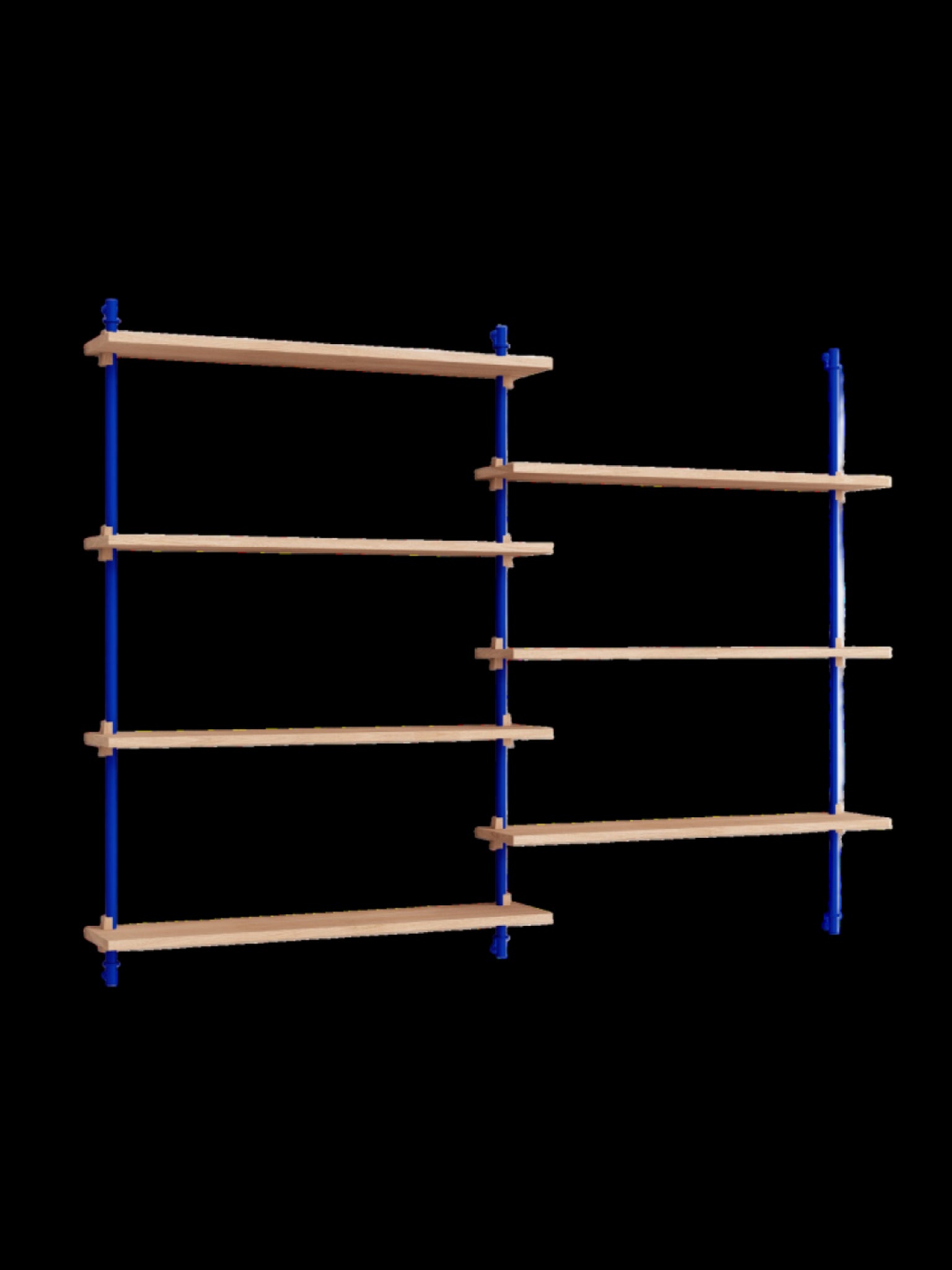 Moebe Wall Shelving WS.115.2: Customizable Oak & Deep Blue Shelf System
