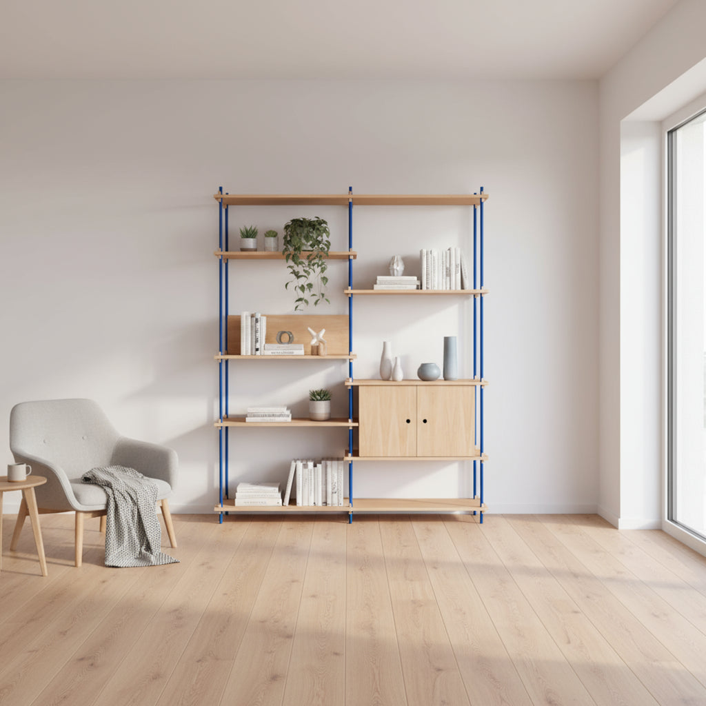 Customizable Moebe Shelving System in Oak & Deep Blue - Versatile Design